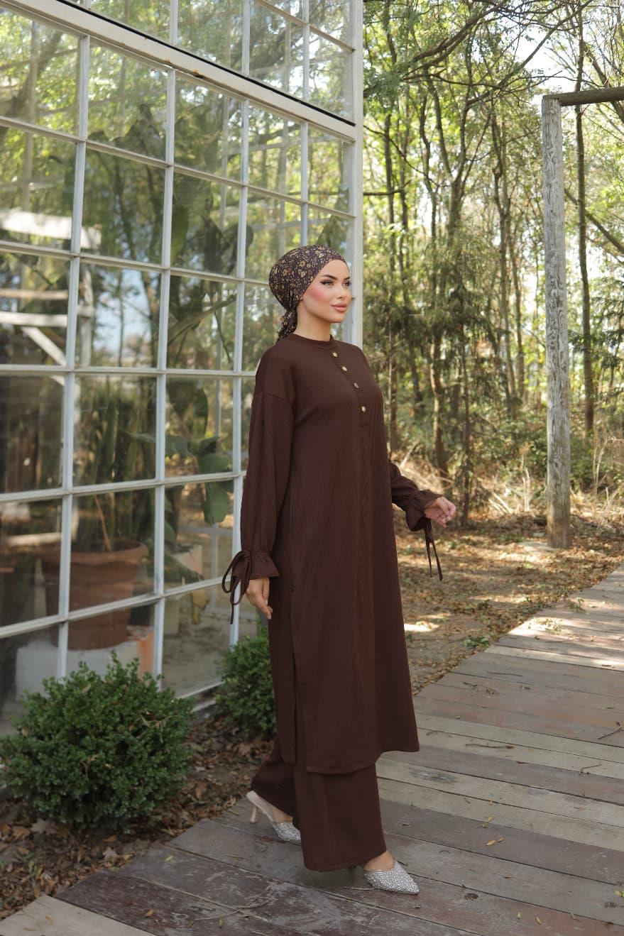 Düğme Detaylı Örme Pantolon Takım 6020 - Acı Kahve