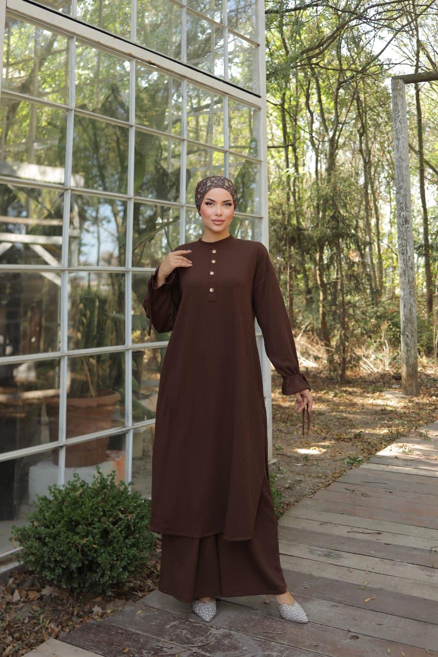 Düğme Detaylı Örme Pantolon Takım 6020 - Acı Kahve