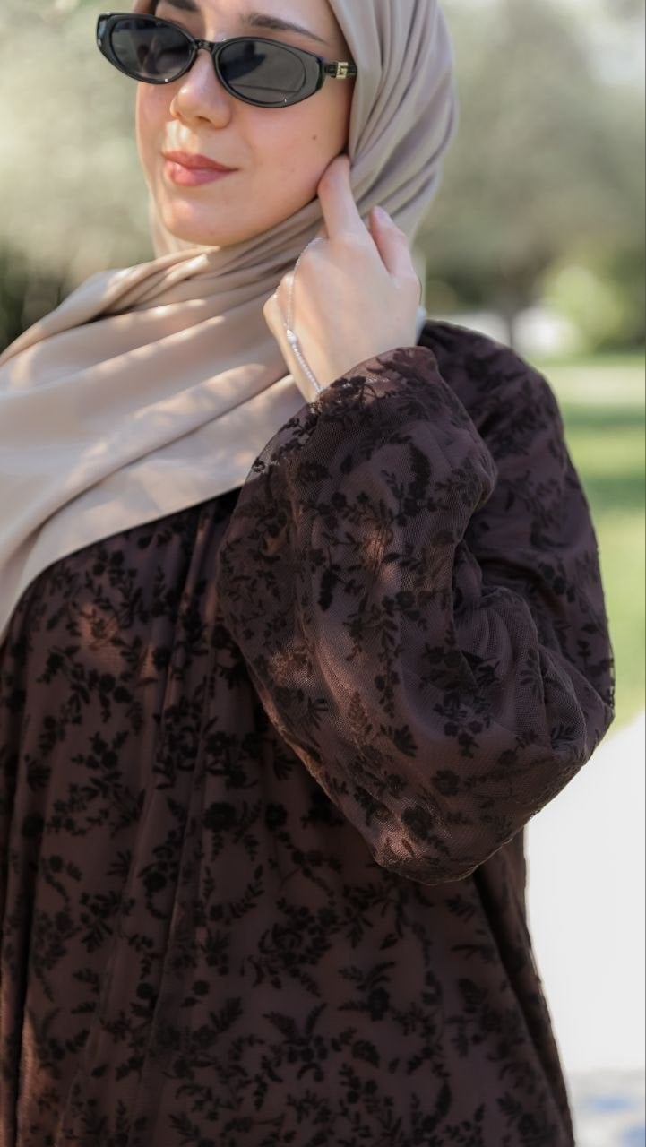 LY26 4030 REGLAN KOL FLOK BASKILI ELBİSE - Acı Kahve