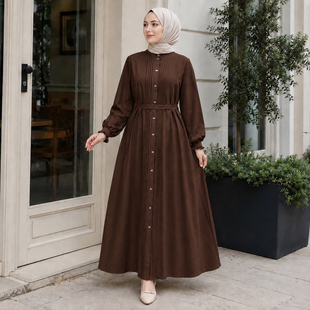 Nervürlü Çıtçıtlı Ferace 5153 - Acı Kahve