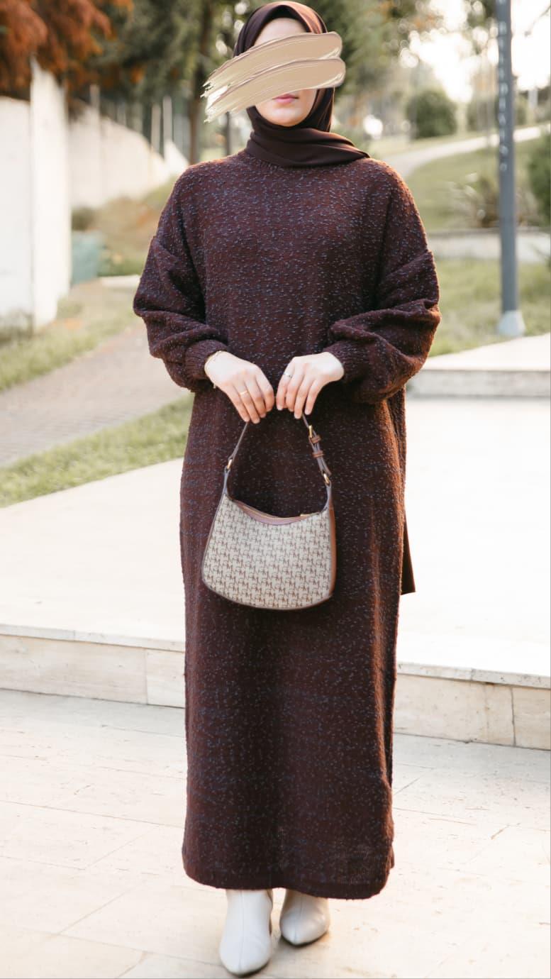 Oversize Tasarım Triko Elbise - Acı Kahve