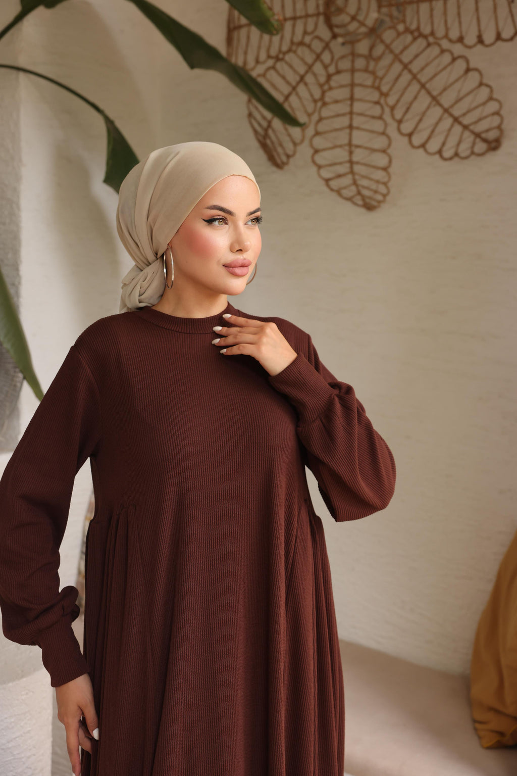 Yandan Büzgülü Örme Elbise 8063 - Acı Kahve