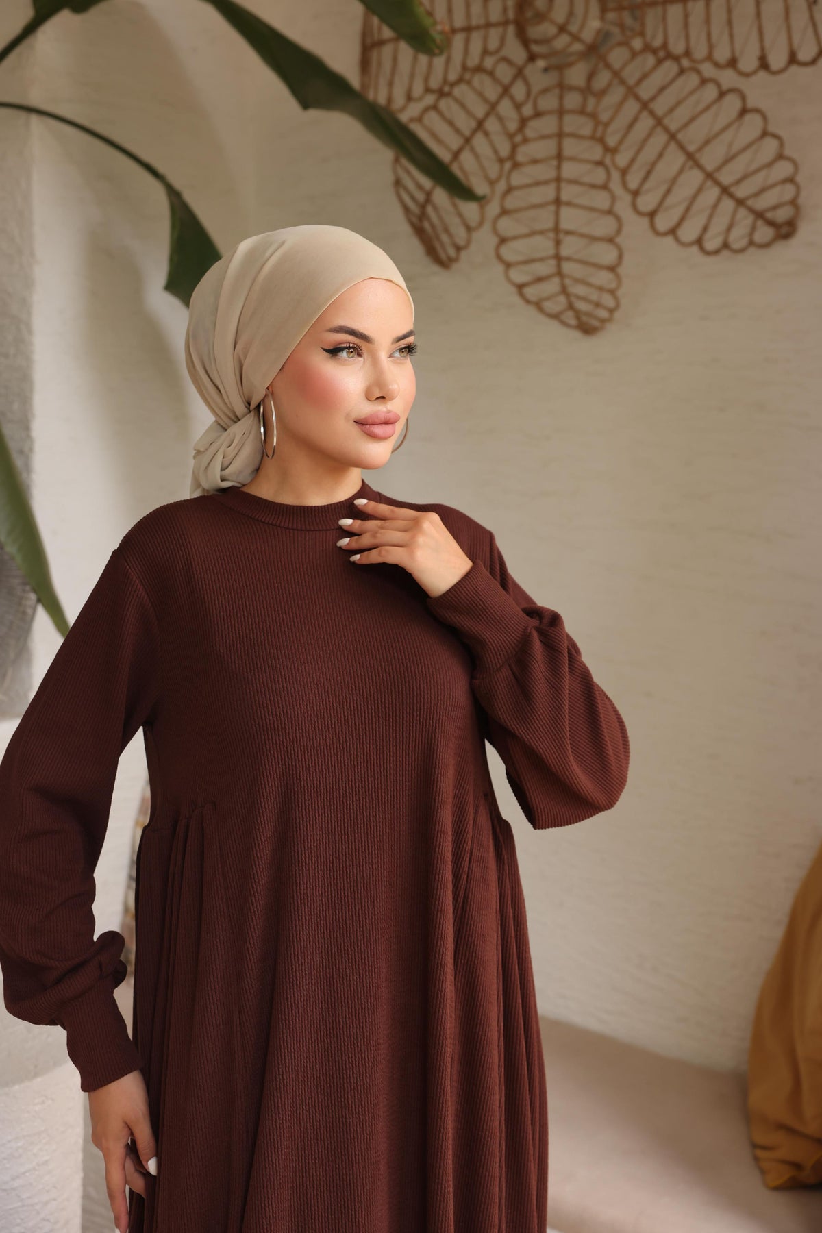 Yandan Büzgülü Örme Elbise 8063 - Acı Kahve