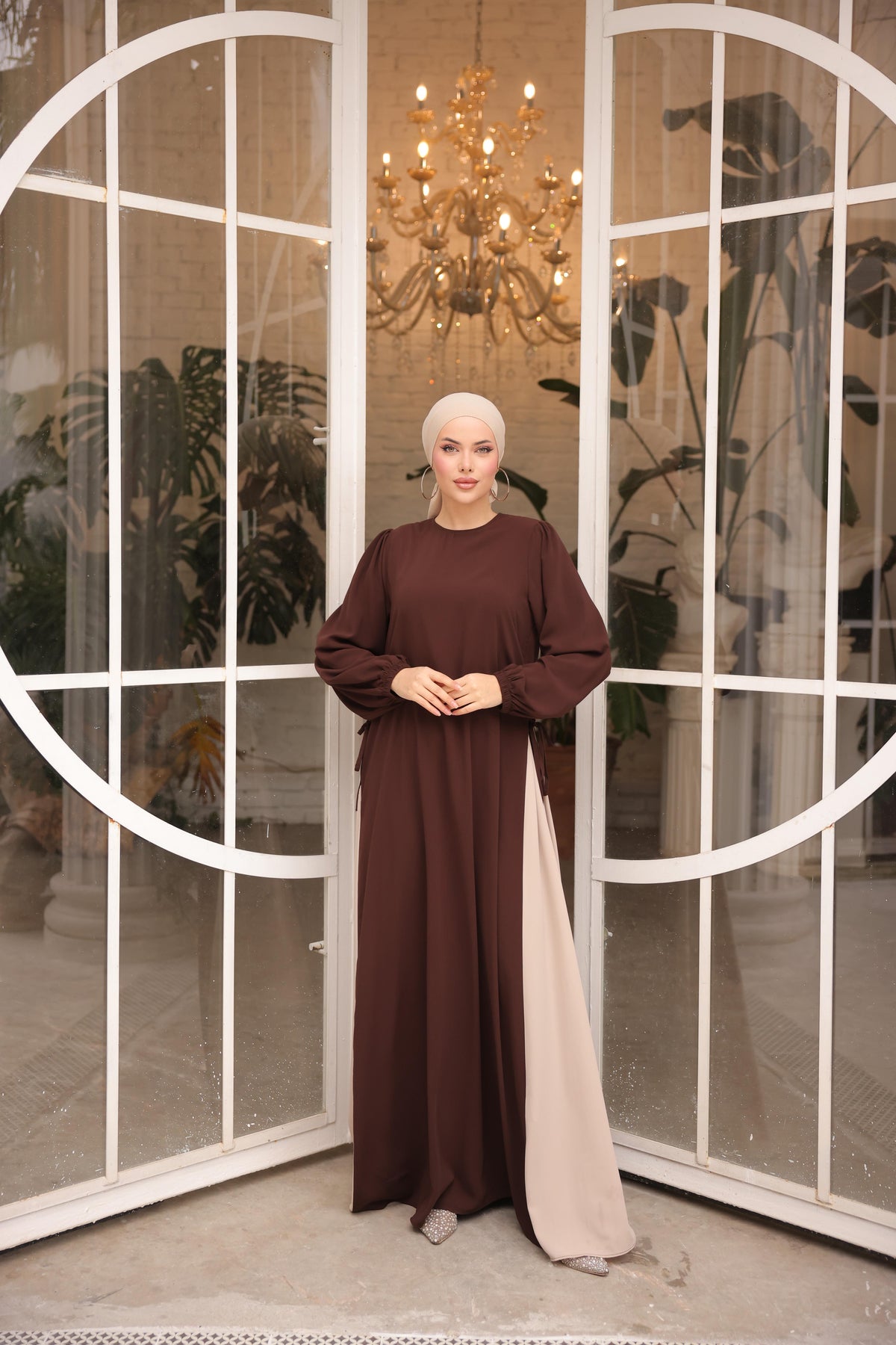 Yandan Garnili Elbise 5061 - Acı Kahve