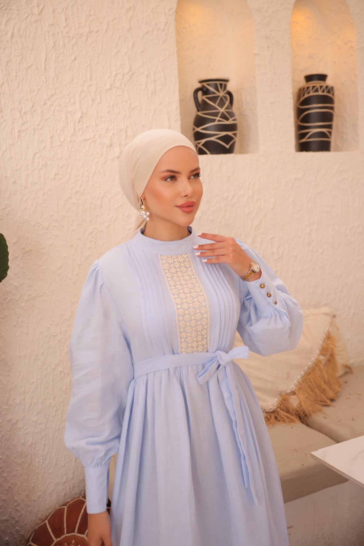 Dantel ve Nervürlü Elbise 5087 - Açık Mavi