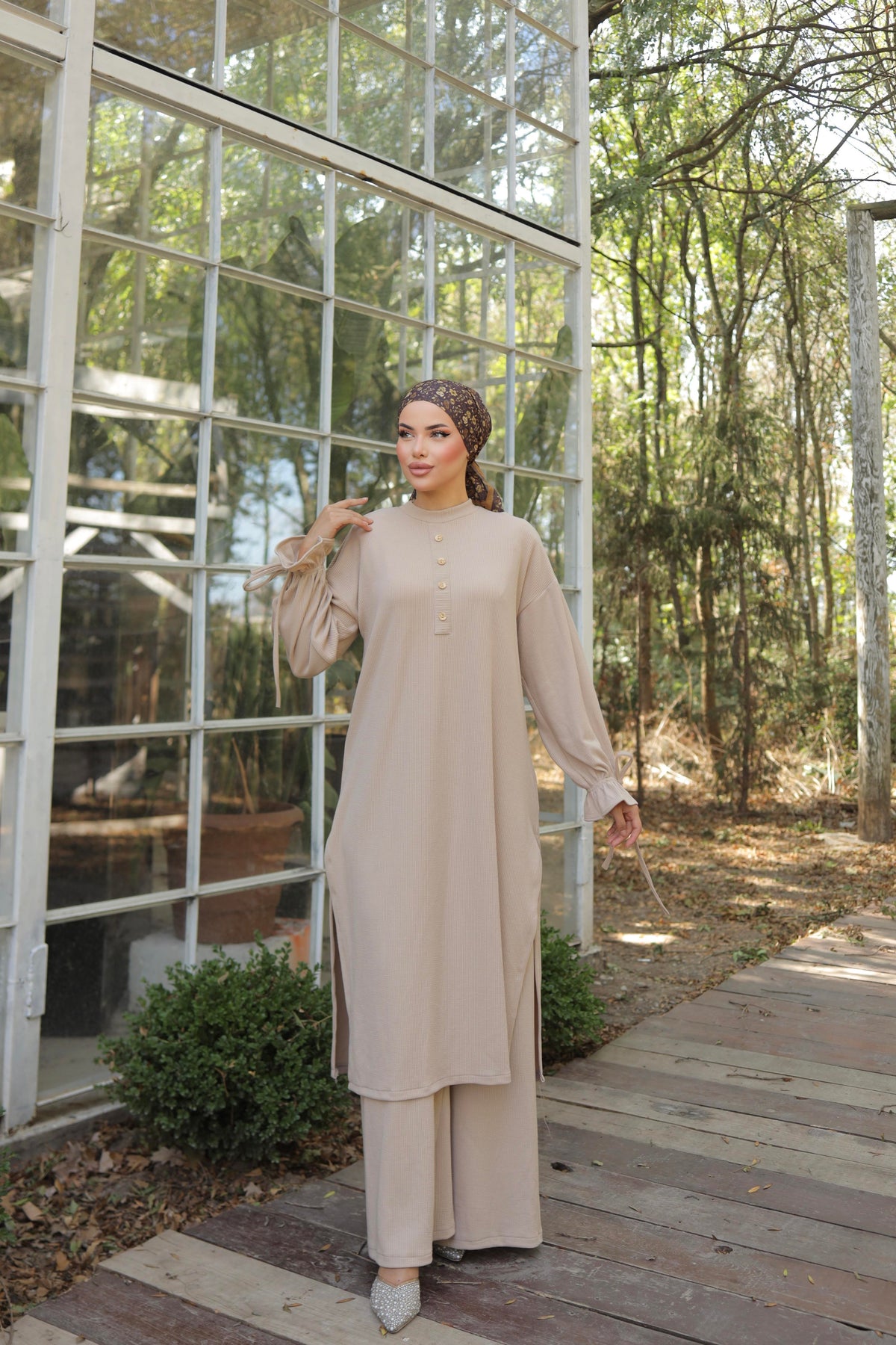 Düğme Detaylı Örme Pantolon Takım 6020 - Bej
