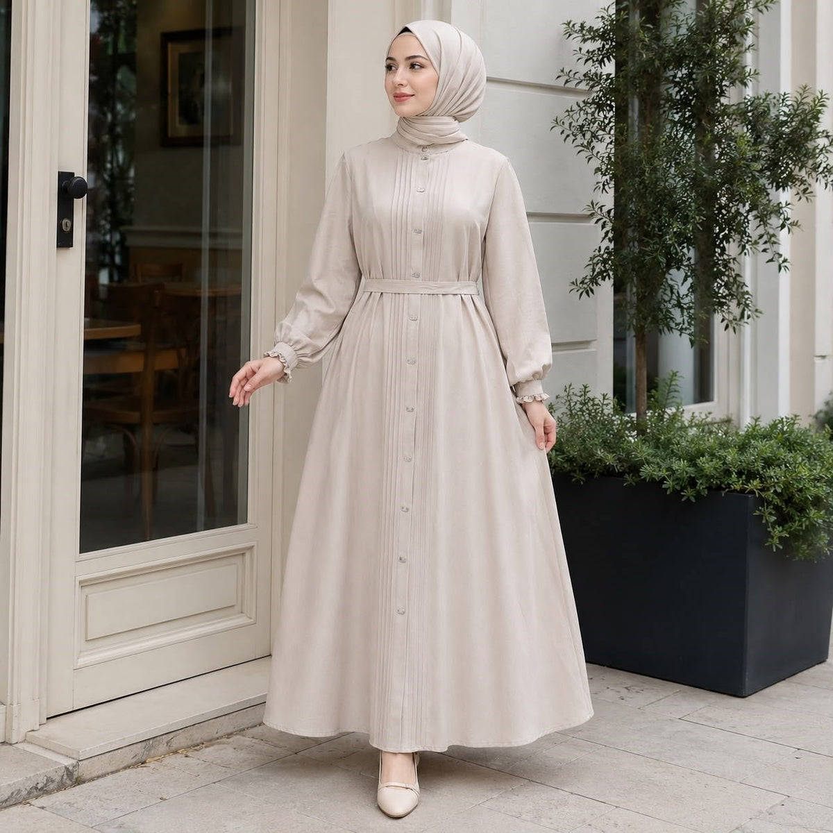 Nervürlü Çıtçıtlı Ferace 5153 - Bej