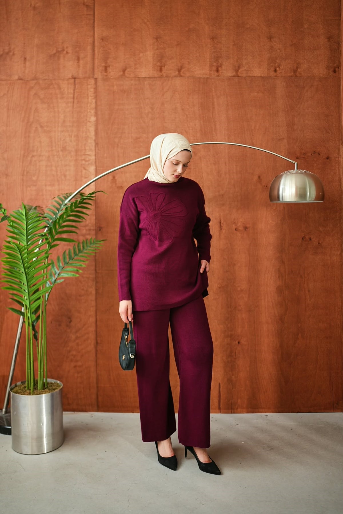 ÇİÇEK DESEN İKİLİ TAKIM TRİKO - Bordo