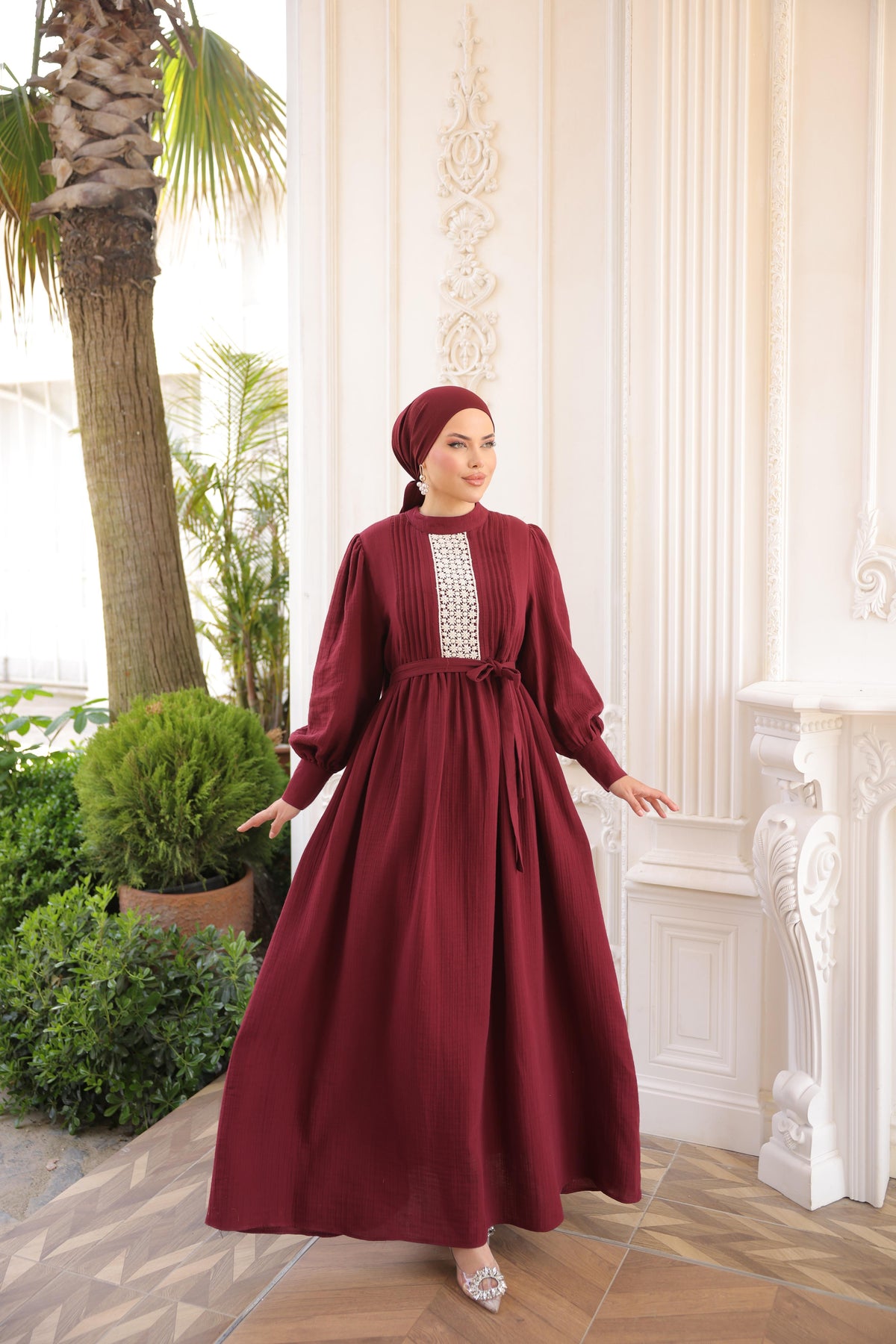 Dantel ve Nervürlü Elbise 5087 - Bordo