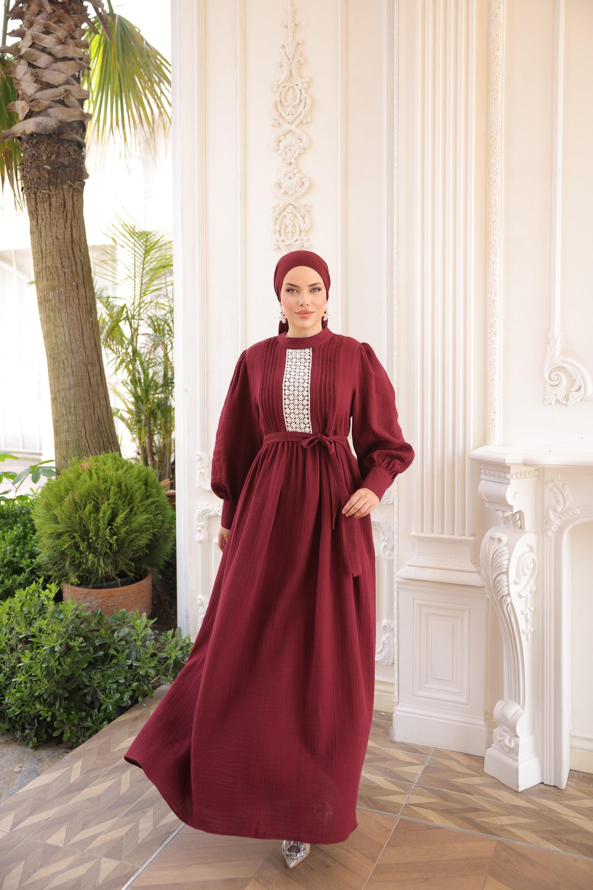 Dantel ve Nervürlü Elbise 5087 - Bordo