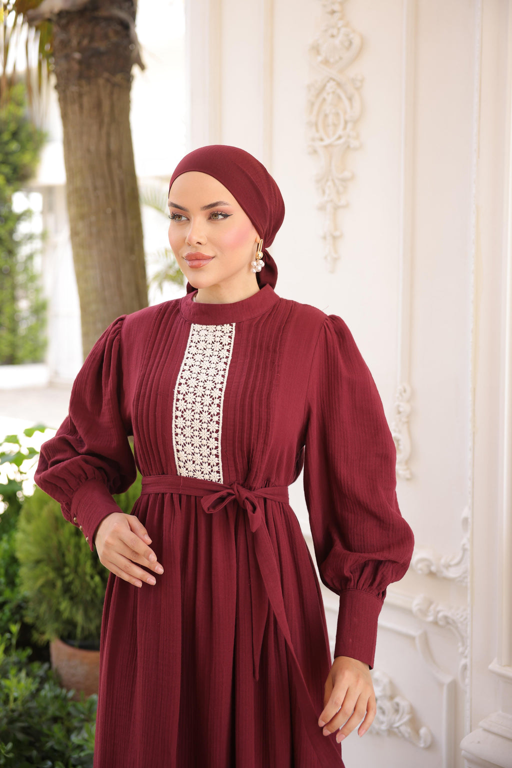 Dantel ve Nervürlü Elbise 5087 - Bordo