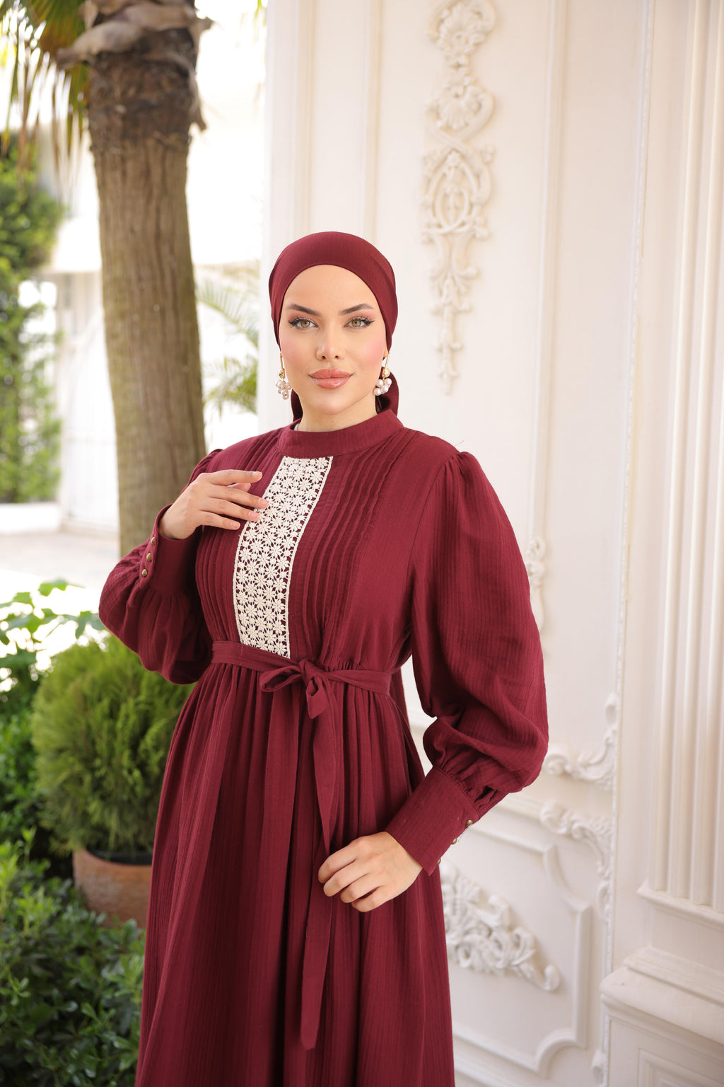 Dantel ve Nervürlü Elbise 5087 - Bordo