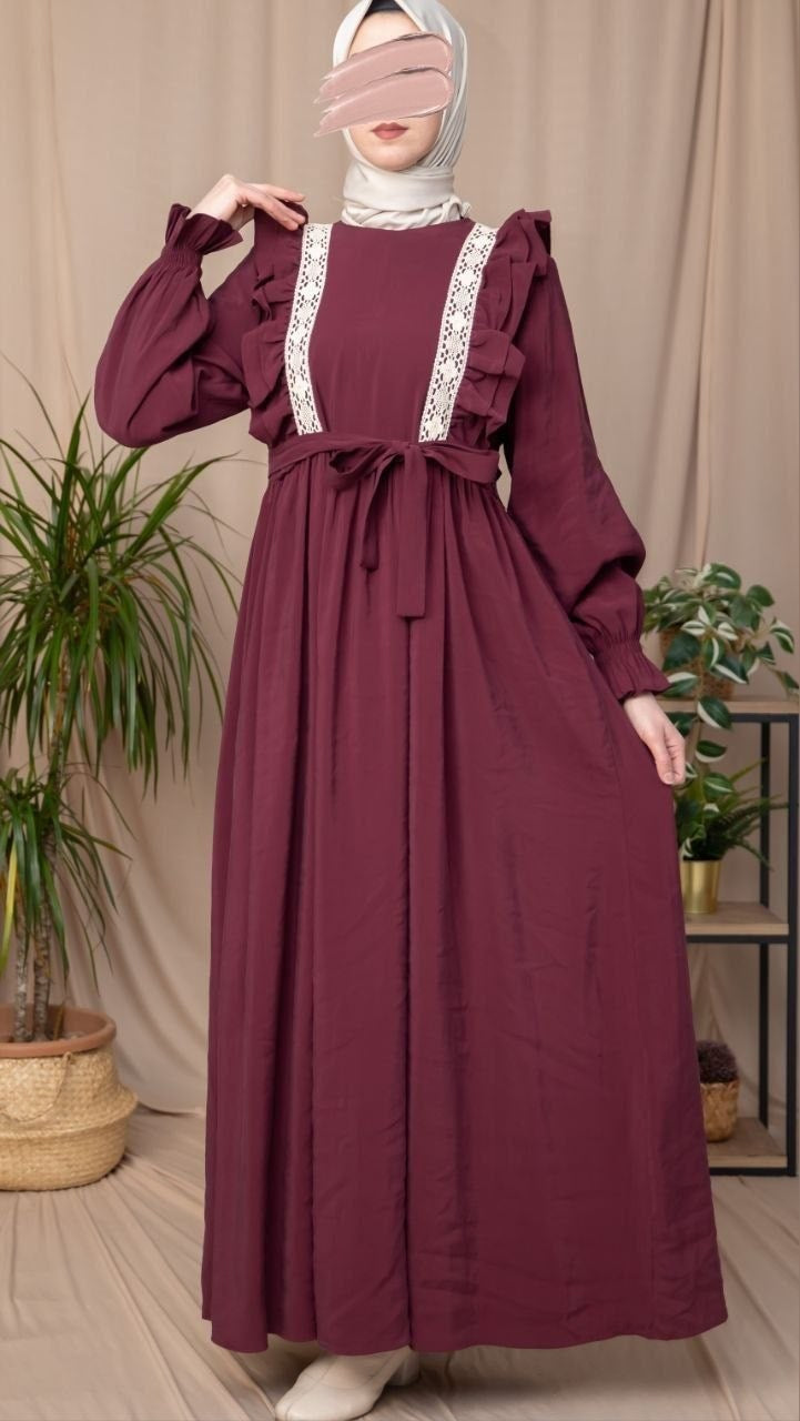 Dantelli Fırfırlı Elbise 5142 - Bordo
