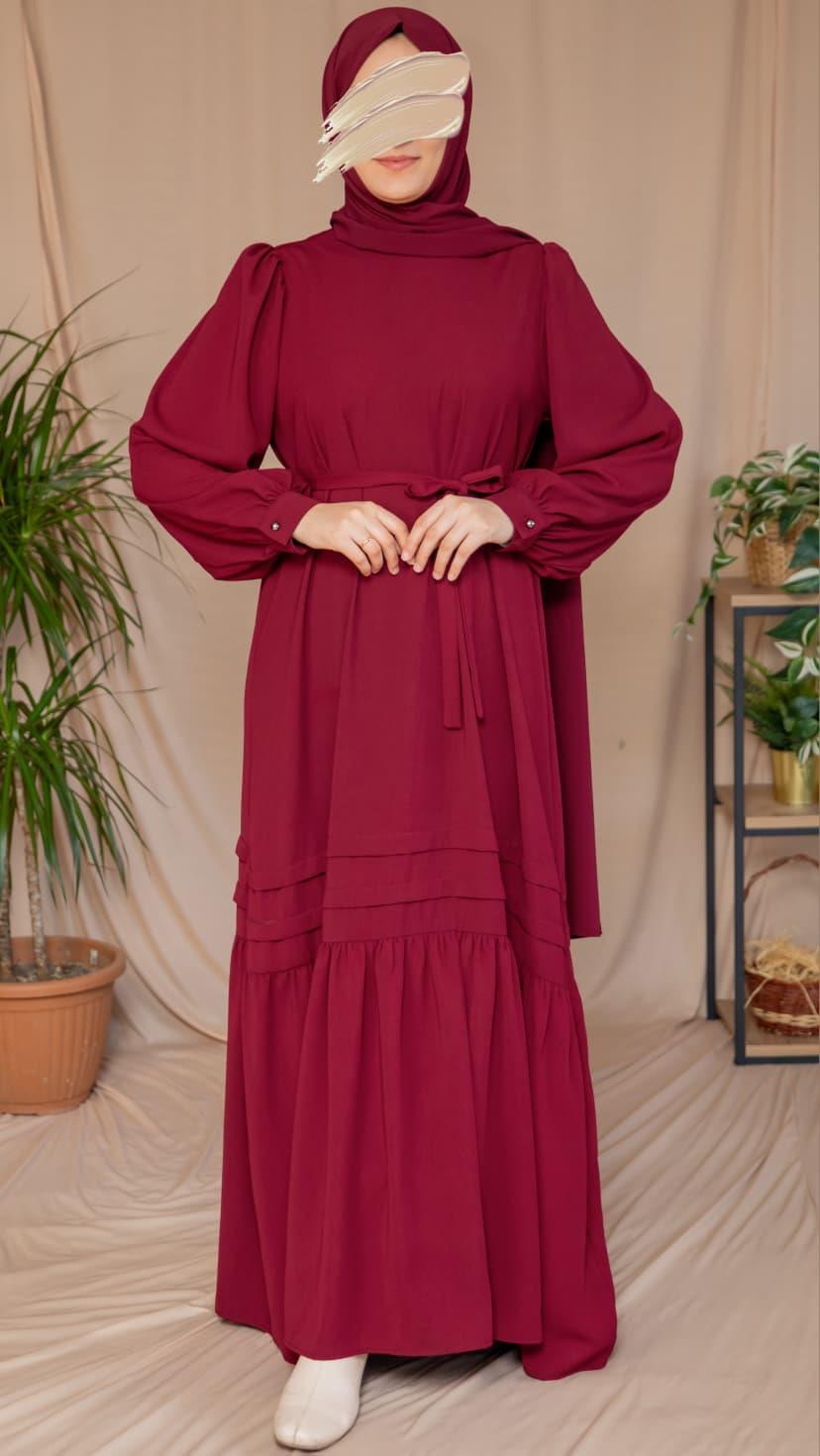 Eteği Nervürlü Elbise 5124 - Bordo