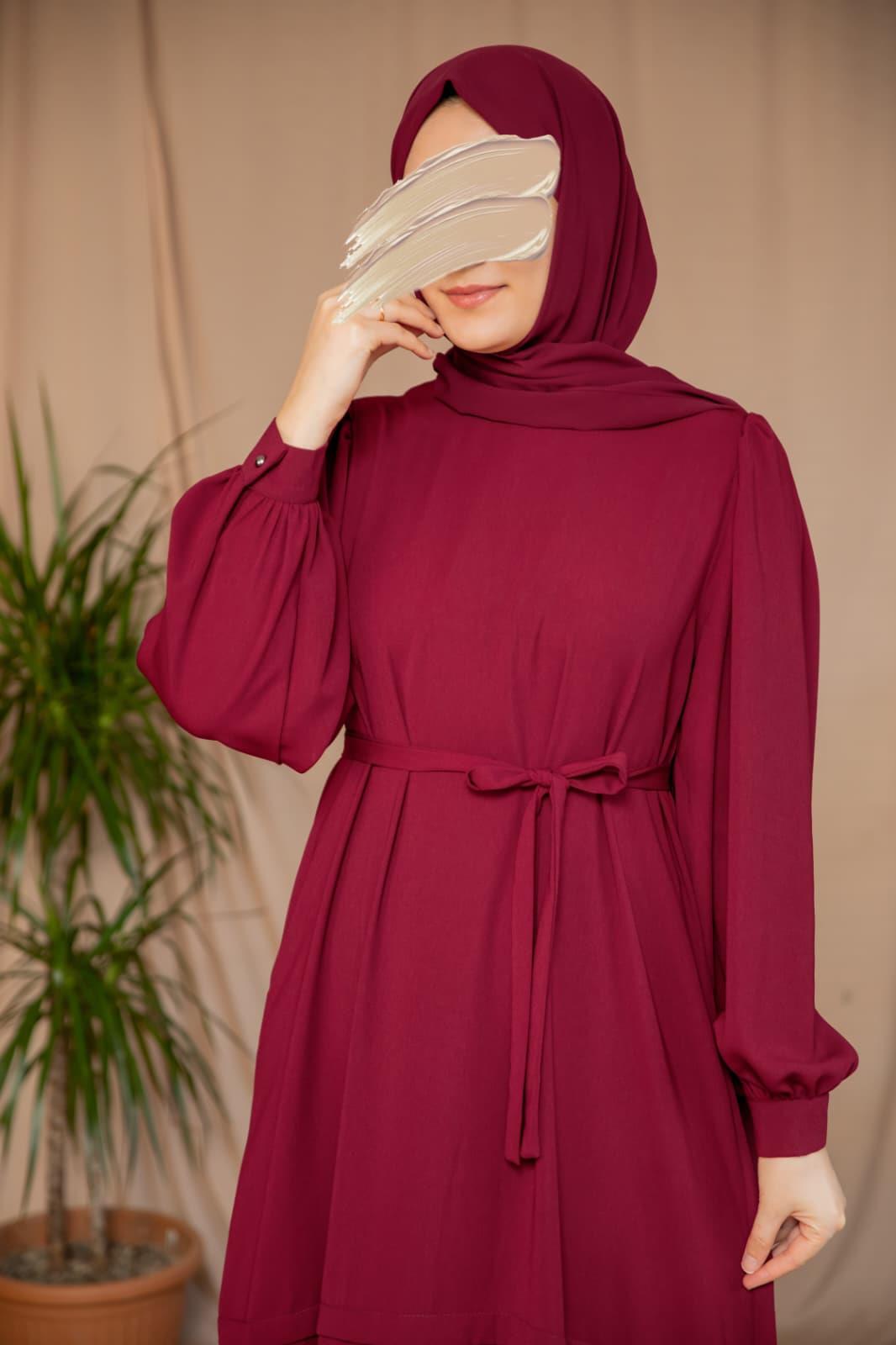 Eteği Nervürlü Elbise 5124 - Bordo