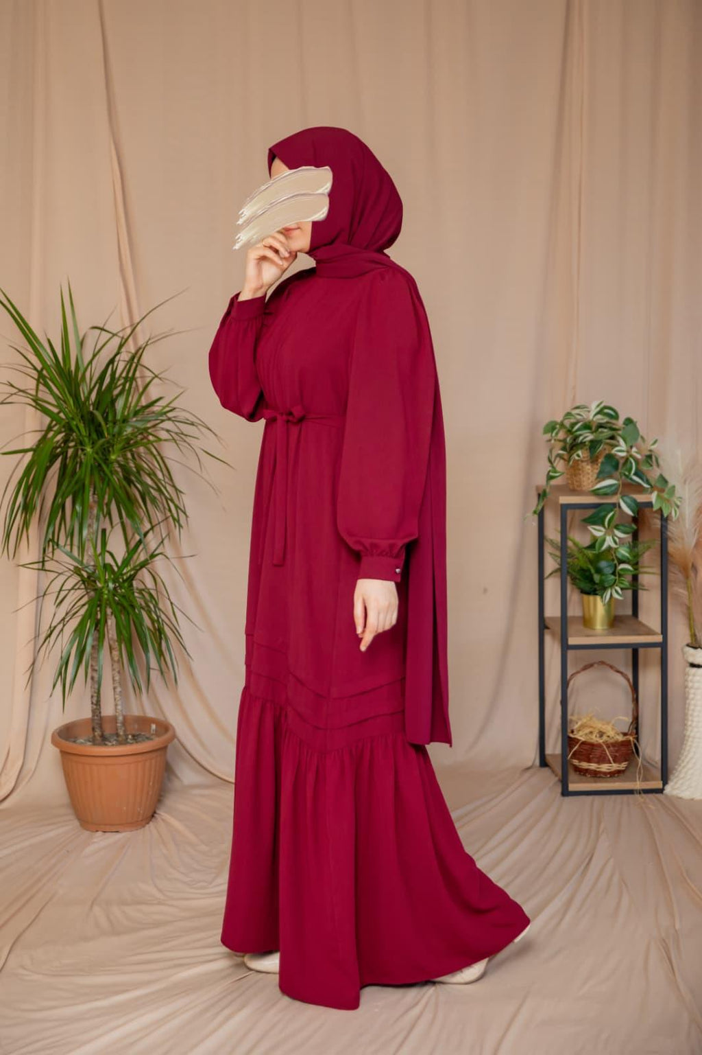 Eteği Nervürlü Elbise 5124 - Bordo