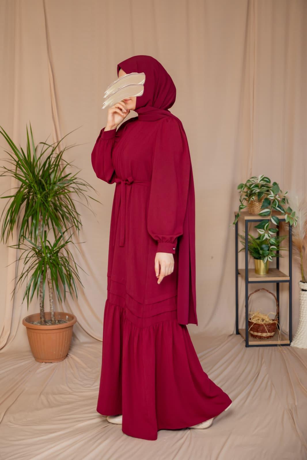 Eteği Nervürlü Elbise 5124 - Bordo
