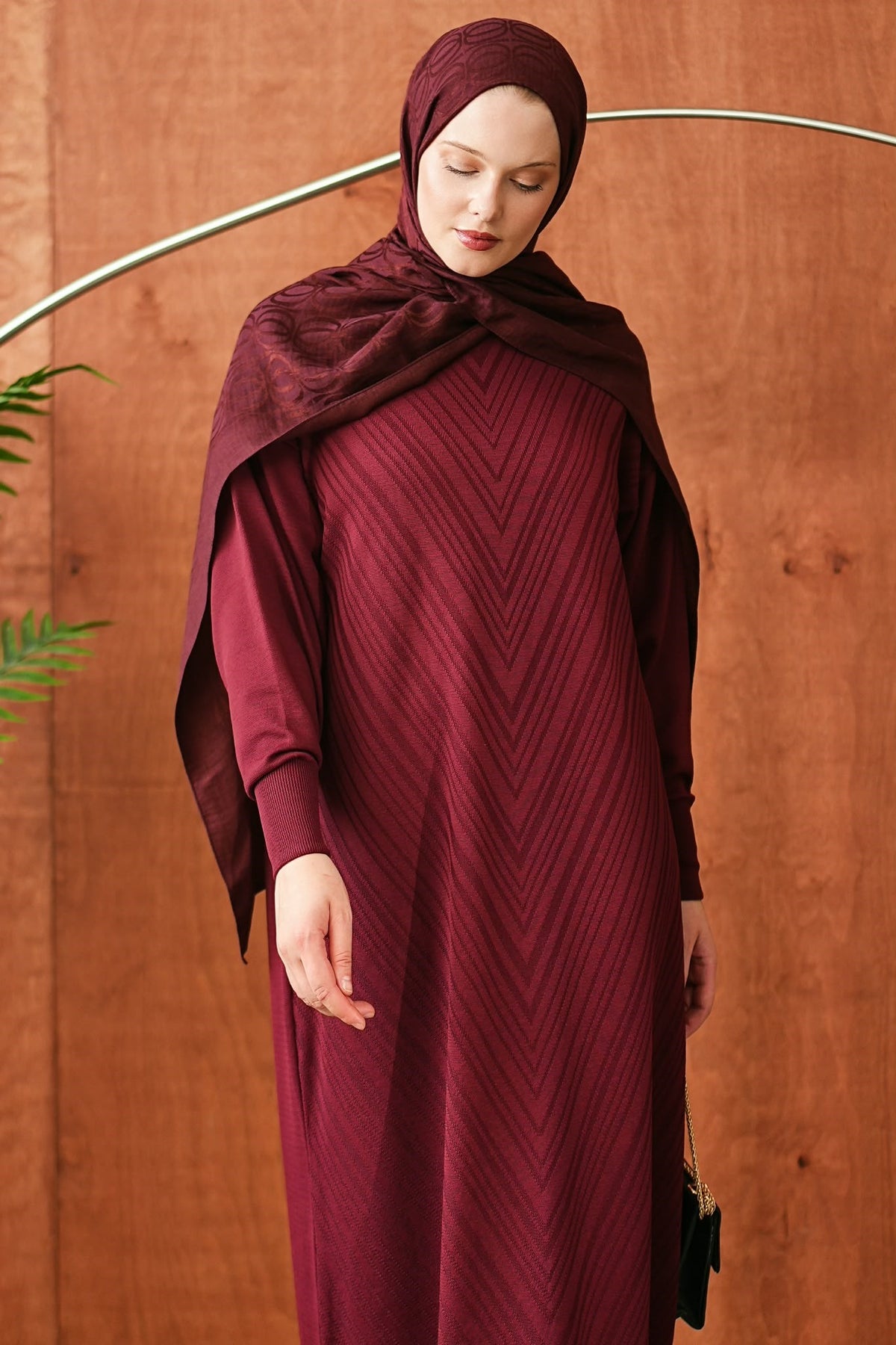 Geometrik Örgü Desen Triko - Bordo