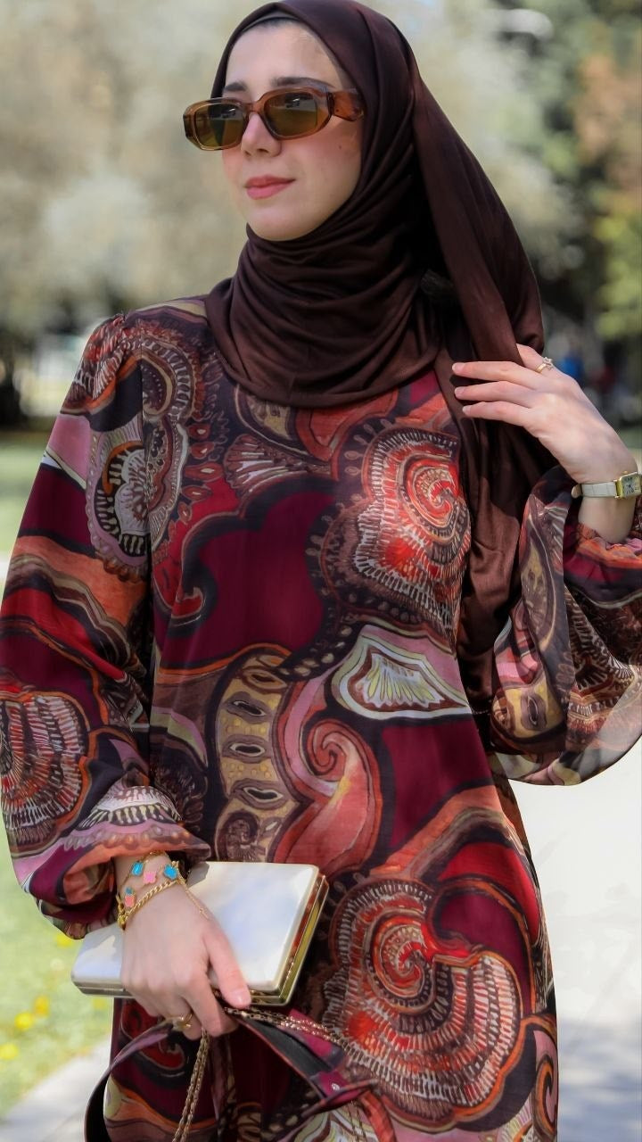 Kaplama Kemerli Şifon Elbise 5147 - Bordo