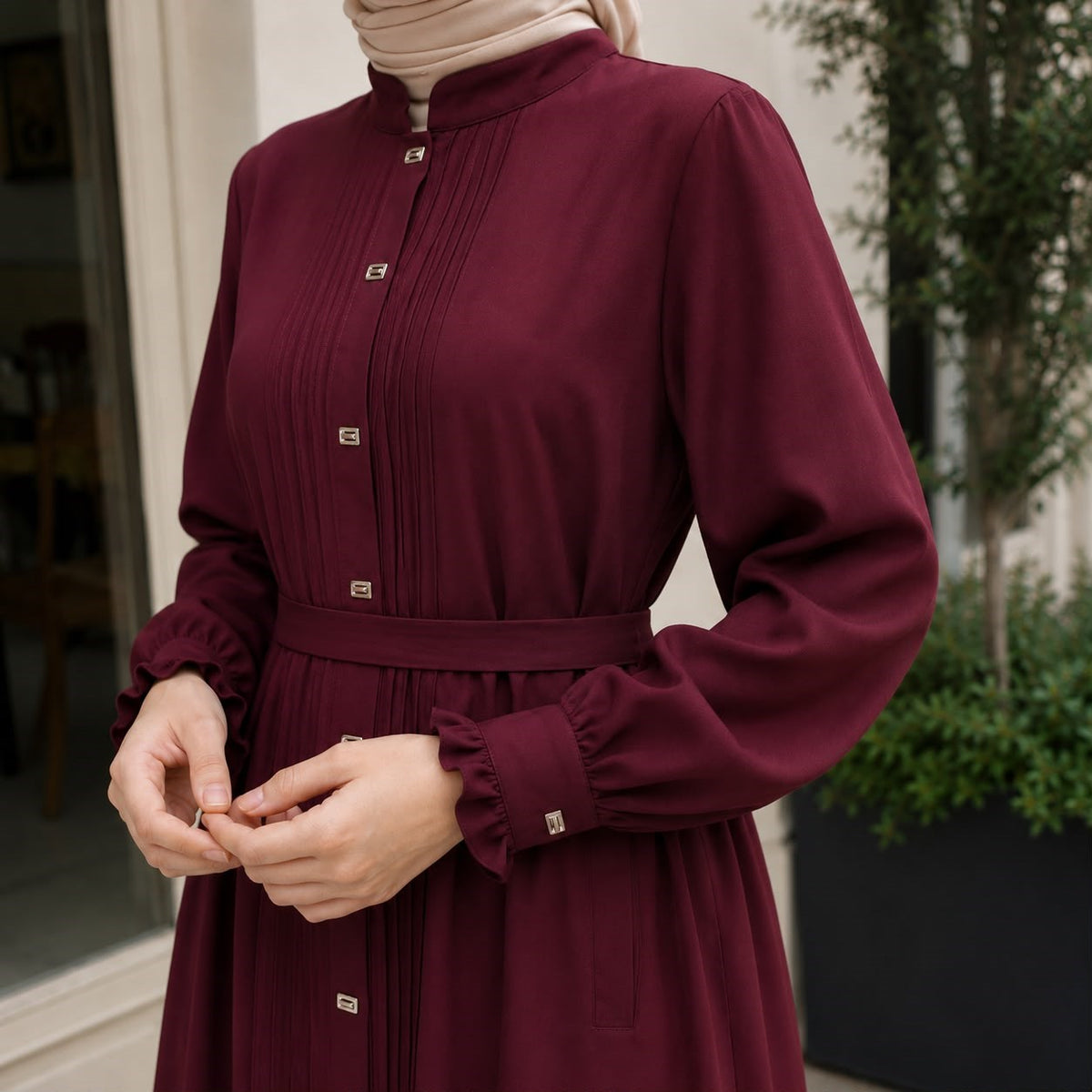 Nervürlü Çıtçıtlı Ferace 5153 - Bordo