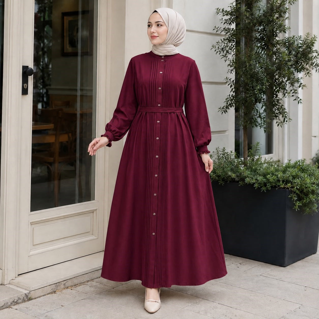 Nervürlü Çıtçıtlı Ferace 5153 - Bordo