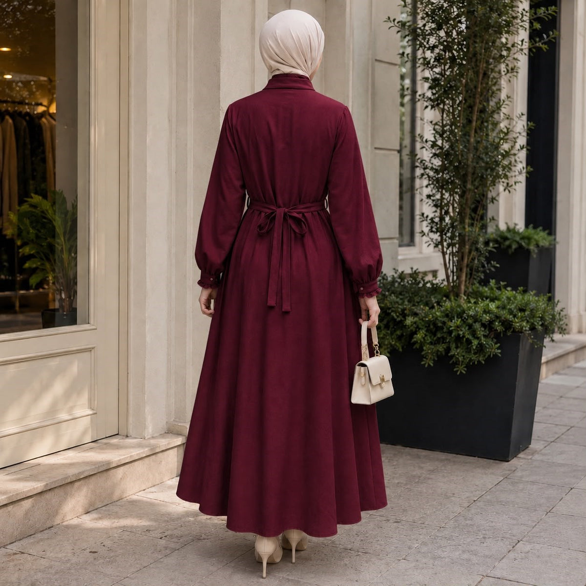 Nervürlü Çıtçıtlı Ferace 5153 - Bordo