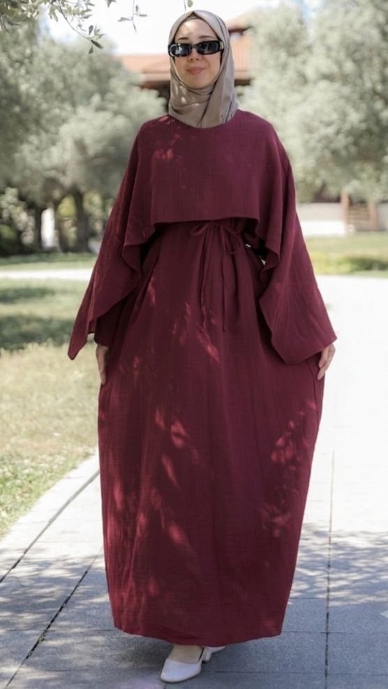 Önü Pelerinli Oversize Elbise 5156 - Bordo