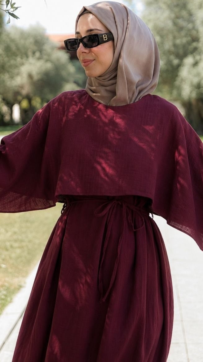 Önü Pelerinli Oversize Elbise 5156 - Bordo