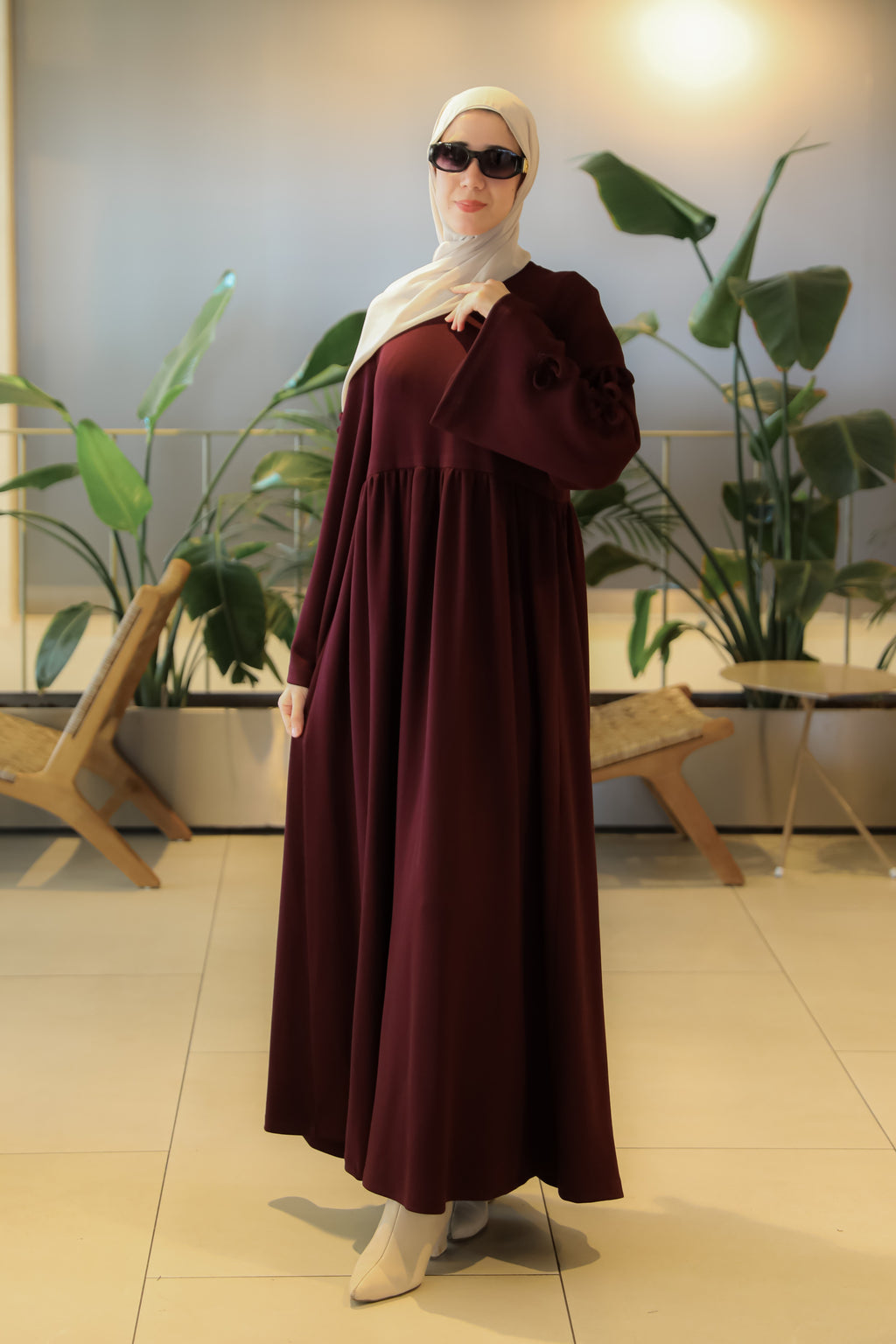NSR 5172 FİYONKLU KOLLUKLU ELBİSE - Bordo