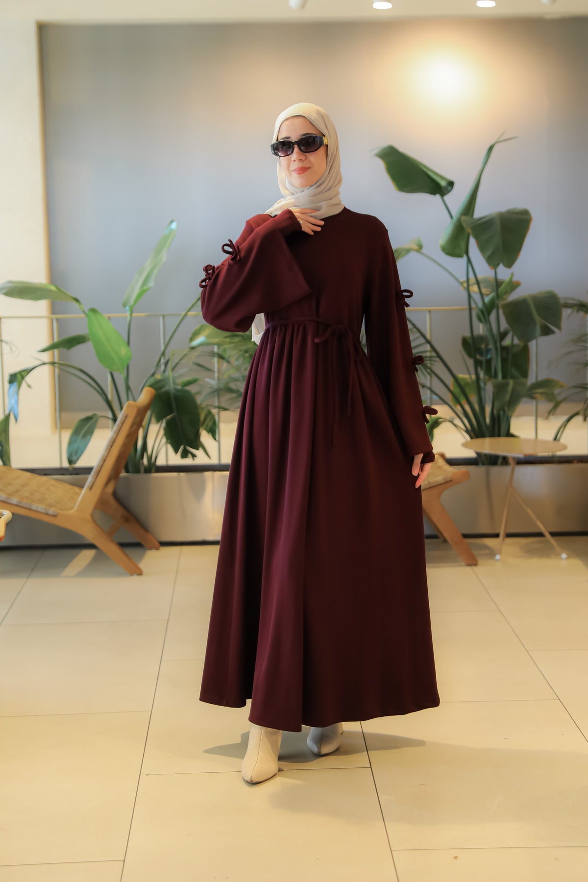 NSR 5172 FİYONKLU KOLLUKLU ELBİSE - Bordo