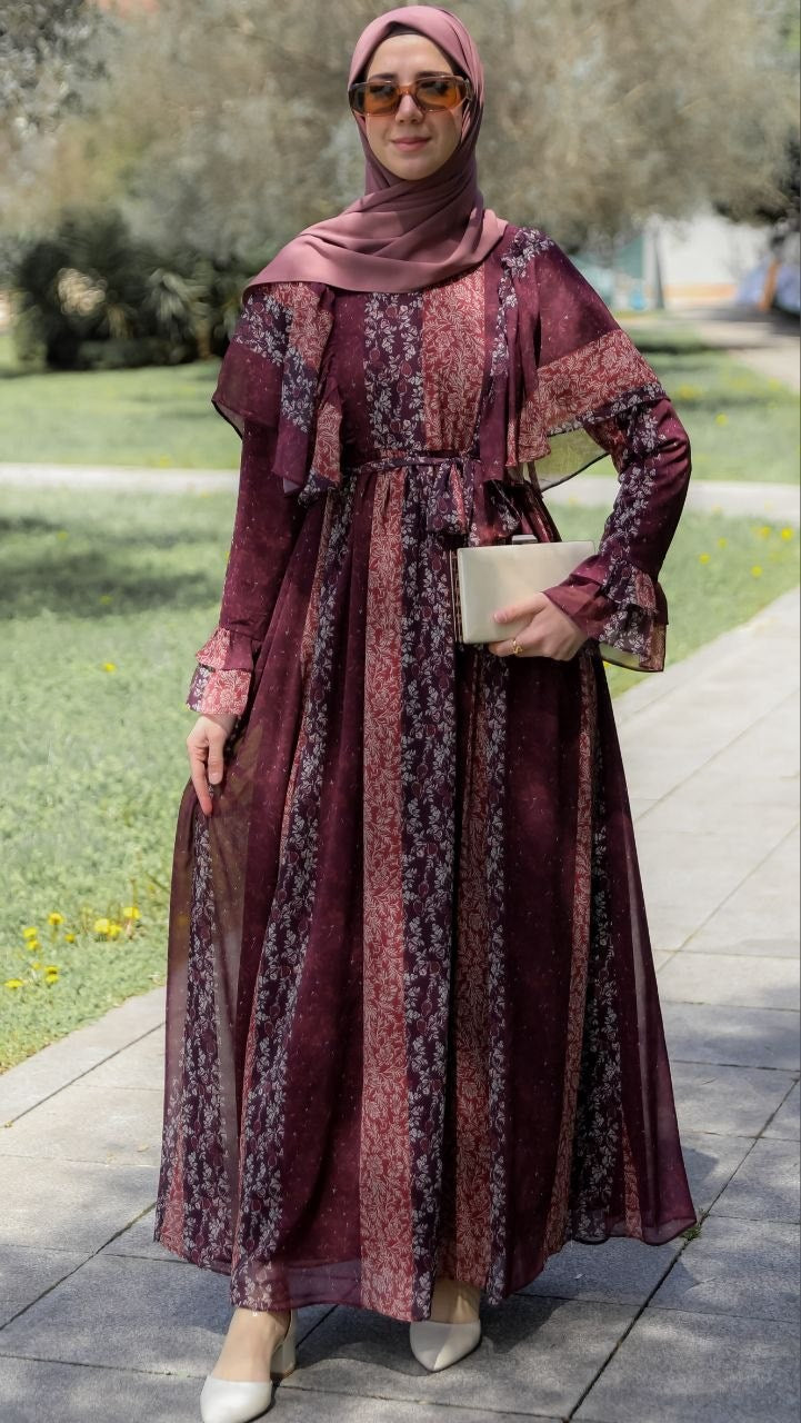 Omuzu Volanlı Şifon Elbise 5146 - Bordo