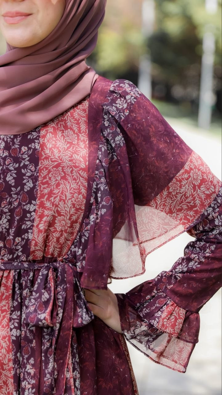Omuzu Volanlı Şifon Elbise 5146 - Bordo
