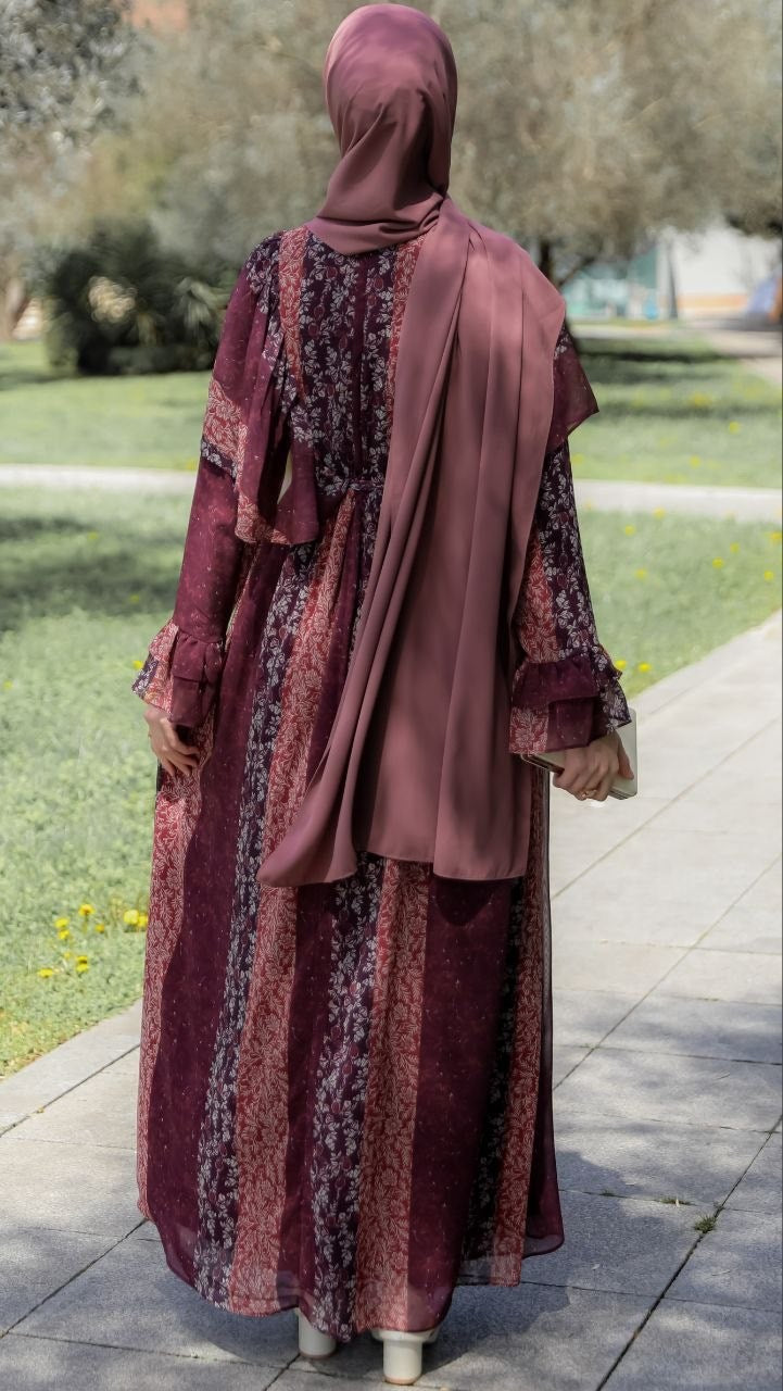 Omuzu Volanlı Şifon Elbise 5146 - Bordo