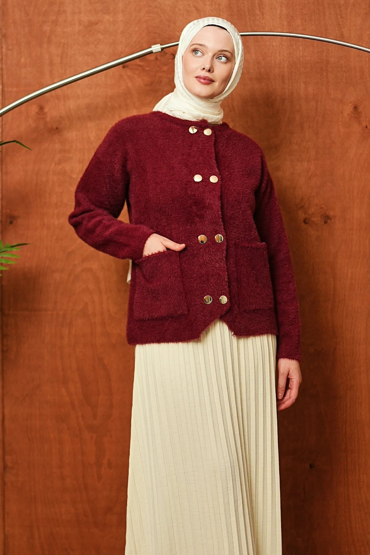 Peluş Çift Sıra Düğmeli Hırka - Bordo