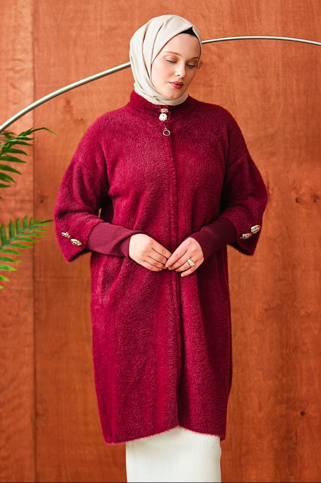 Peluş Fermuarlı Kap - Bordo