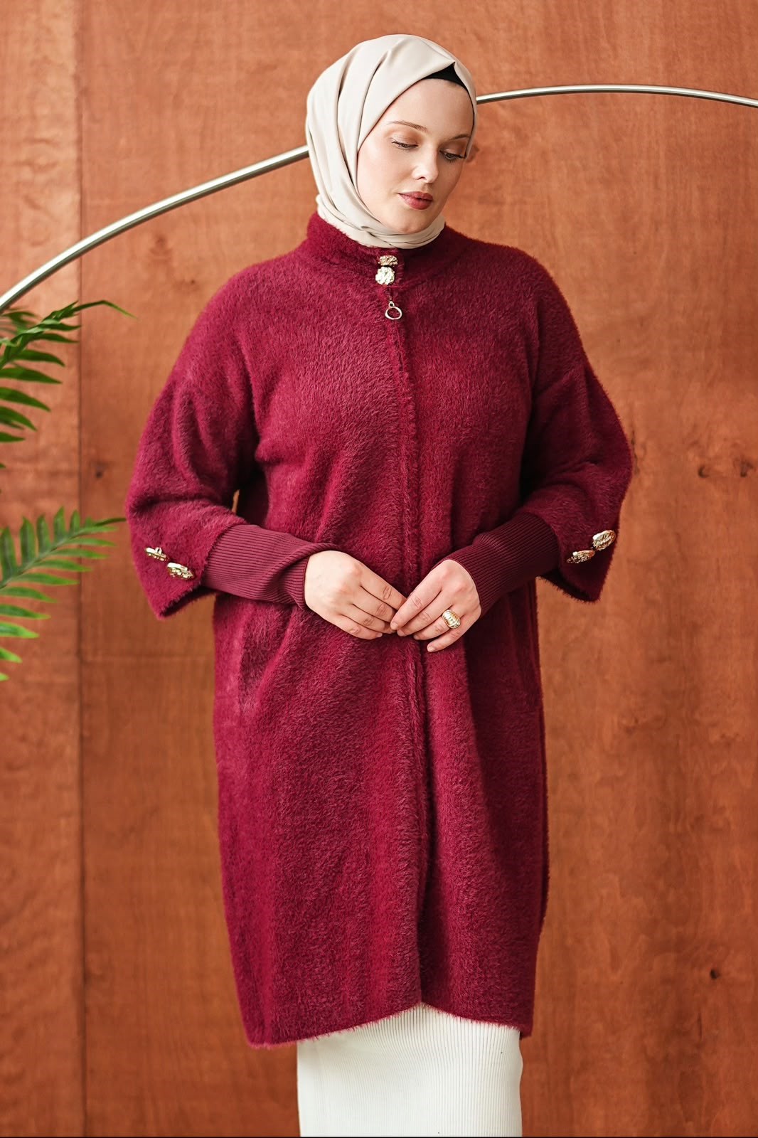 Peluş Fermuarlı Kap - Bordo