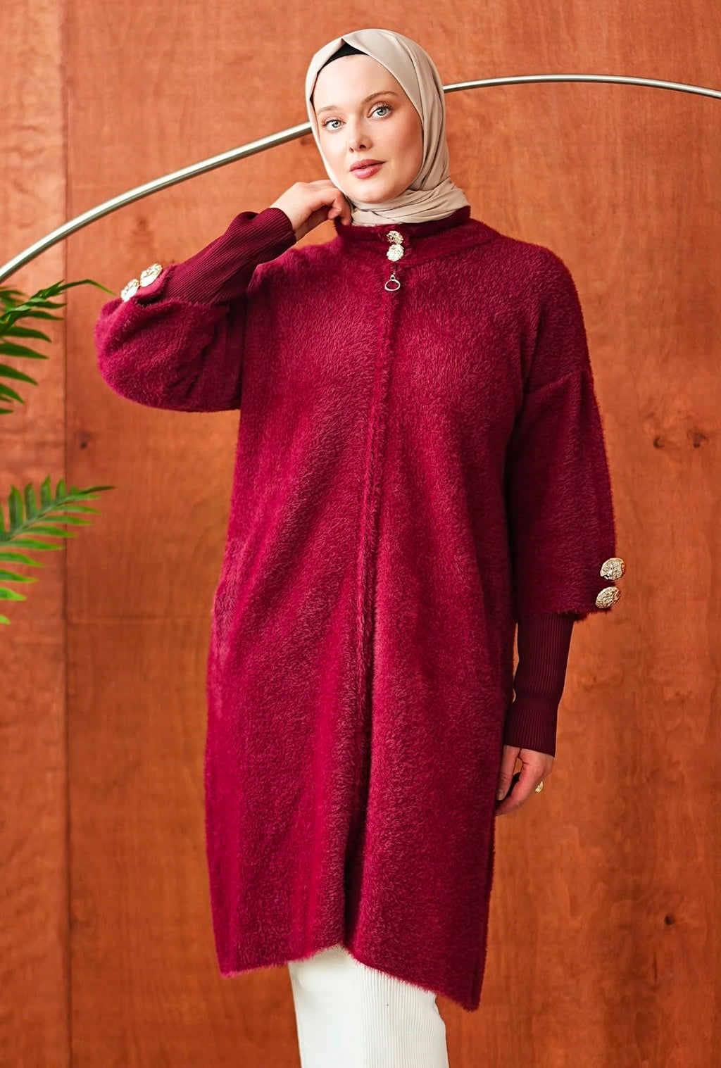 Peluş Fermuarlı Kap - Bordo