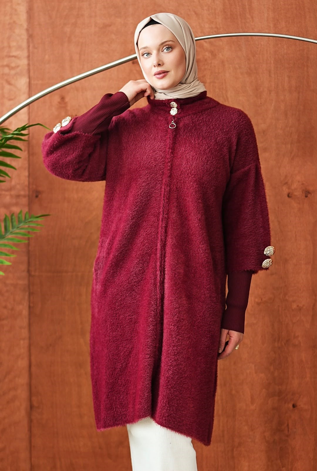 Peluş Fermuarlı Kap - Bordo