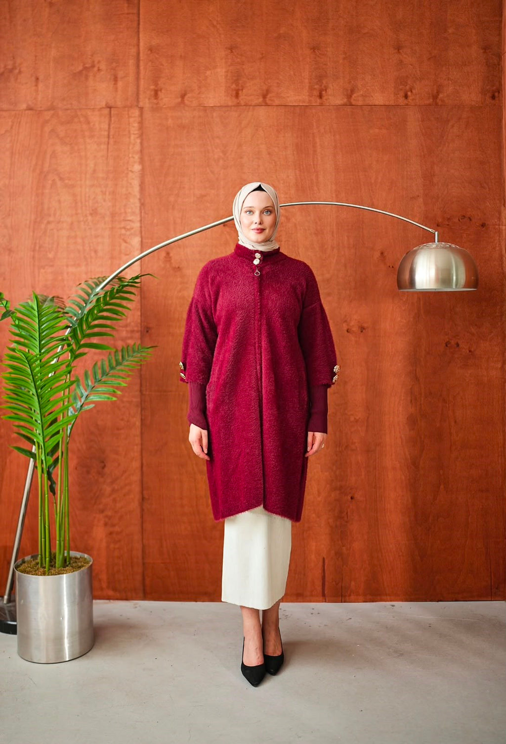 Peluş Fermuarlı Kap - Bordo