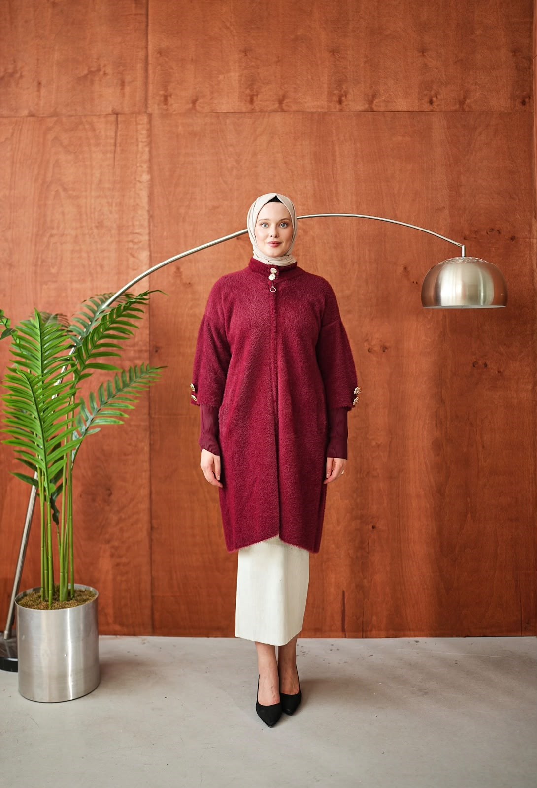 Peluş Fermuarlı Kap - Bordo