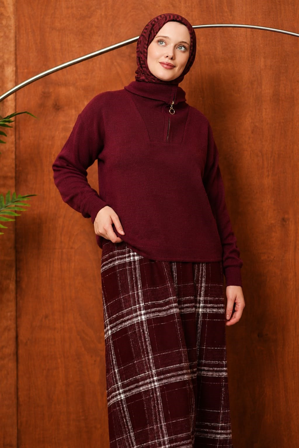 V Yaka Fermuarlı Bluz - Bordo