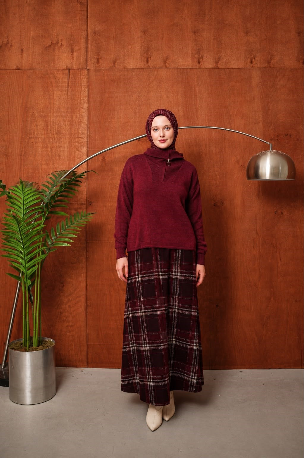 V Yaka Fermuarlı Bluz - Bordo