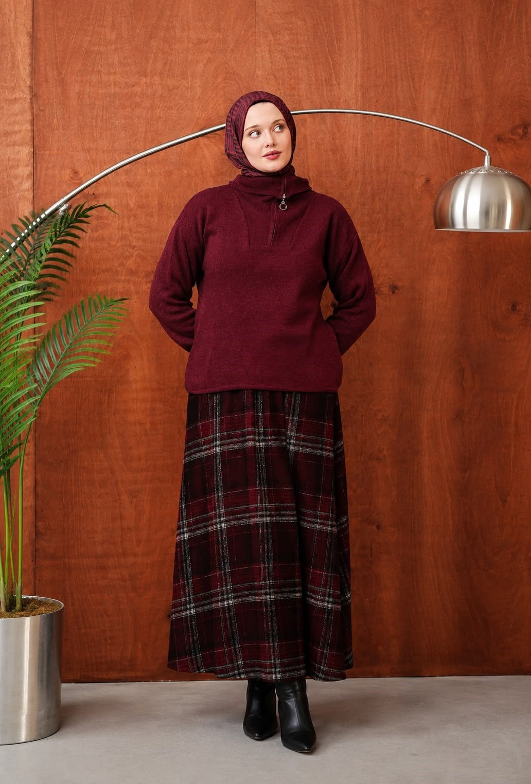 V Yaka Fermuarlı Bluz - Bordo