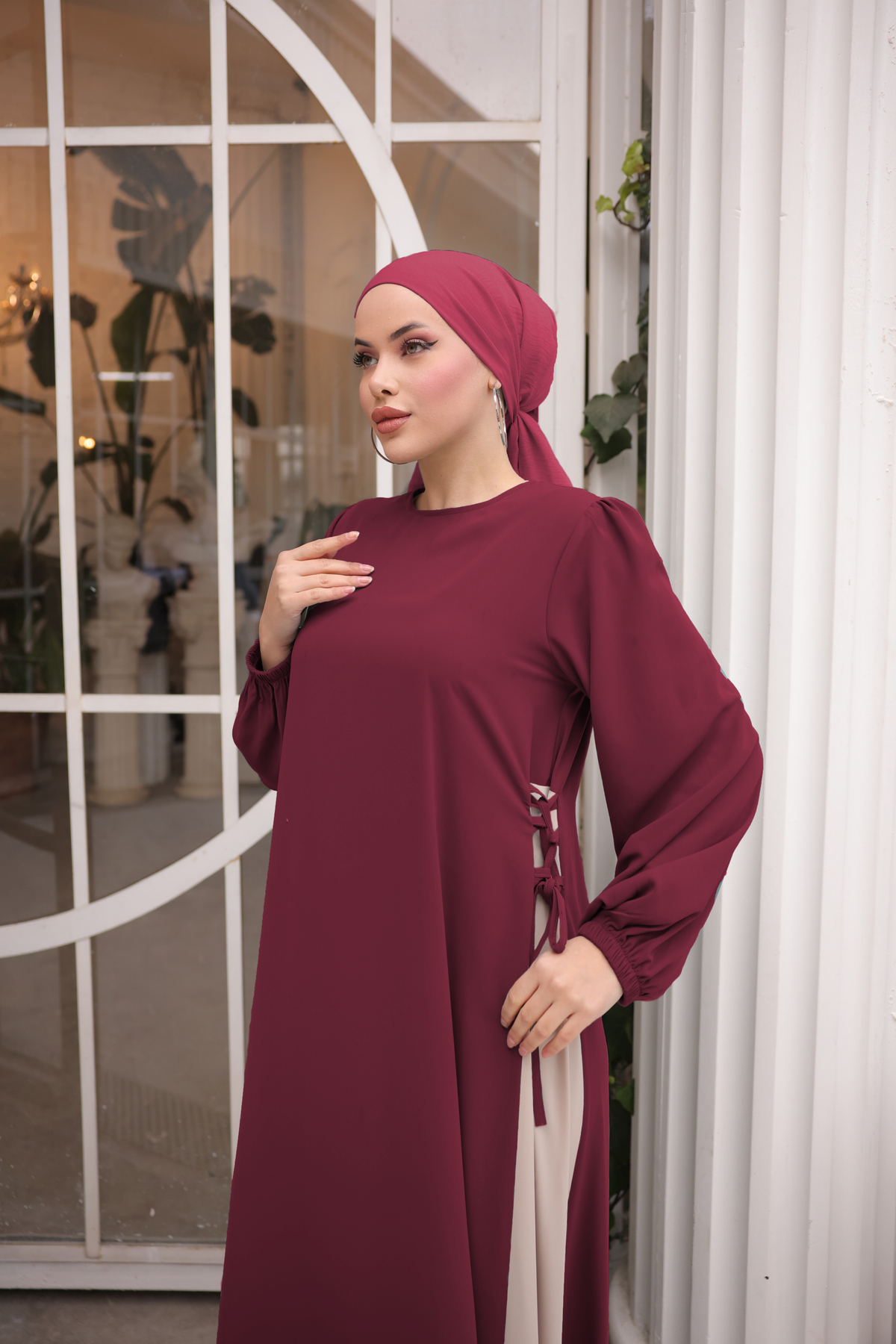 Yandan Garnili Elbise 5061 - Bordo