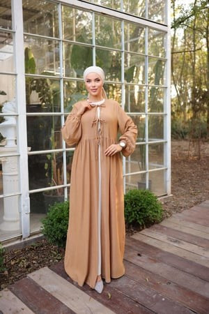 Bel Büzgülü 3 Biyeli Tesettür Kimono 8024 - Camel