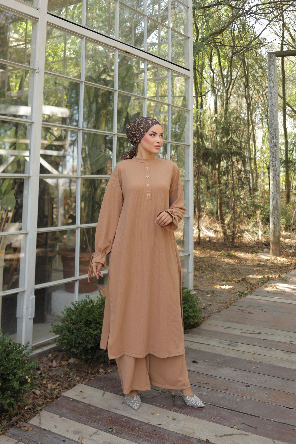 Düğme Detaylı Örme Pantolon Takım 6020 - Camel