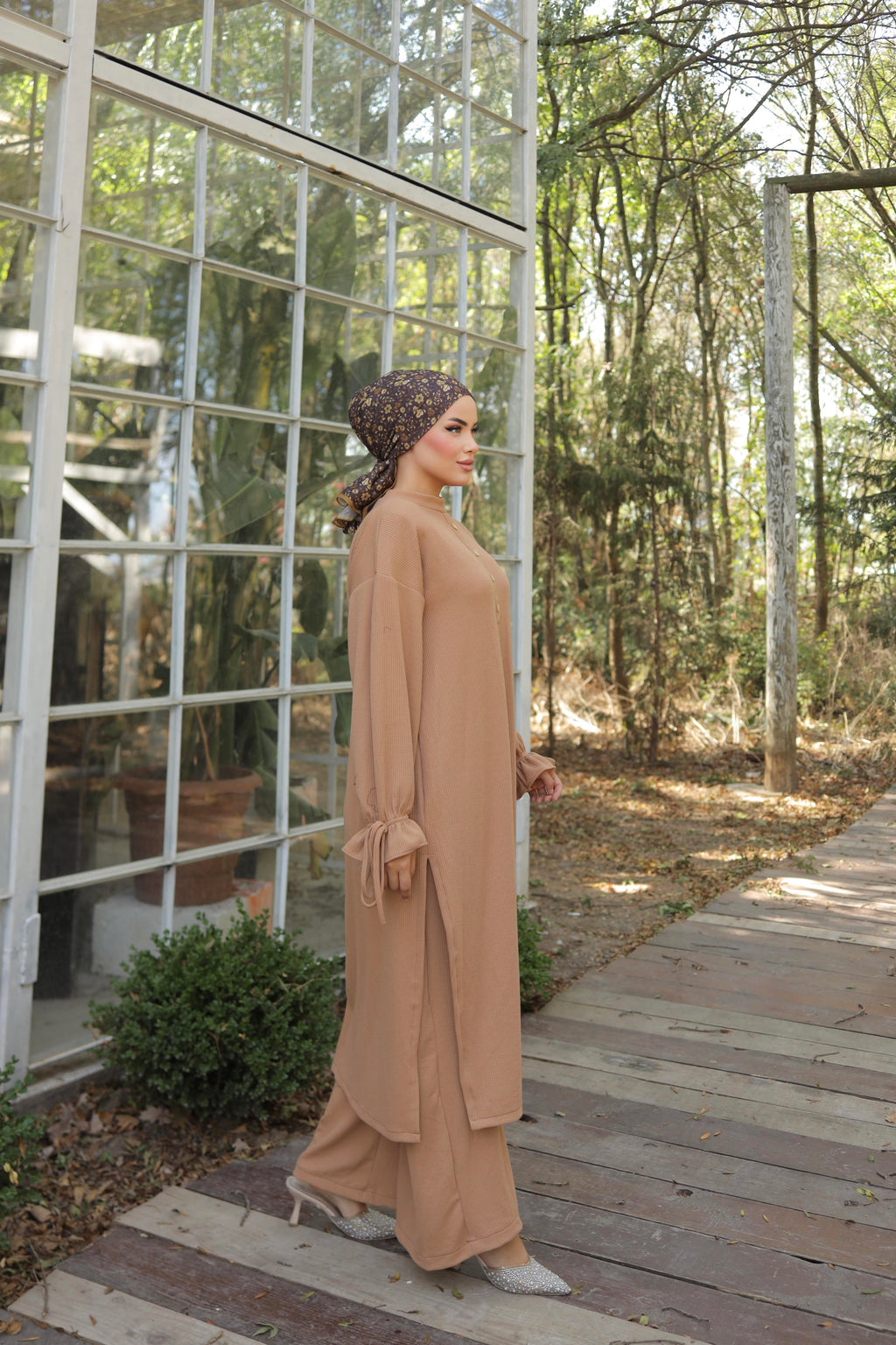 Düğme Detaylı Örme Pantolon Takım 6020 - Camel