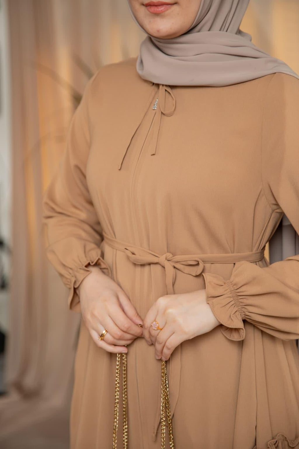 Yanları Katlı Kroş Elbise 5123 - Camel