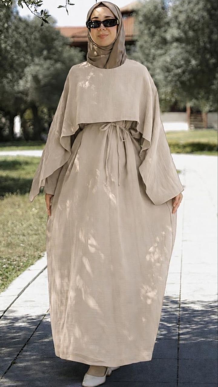 Önü Pelerinli Oversize Elbise 5156 - Ekru