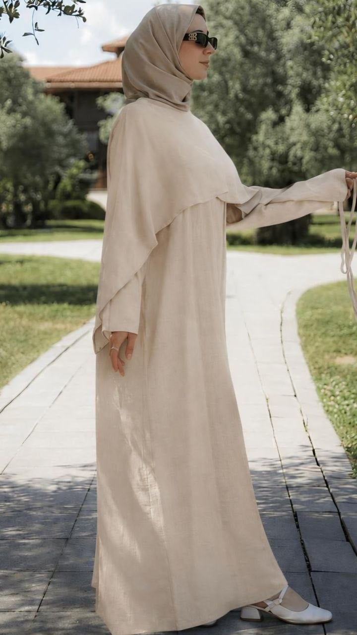 Önü Pelerinli Oversize Elbise 5156 - Ekru